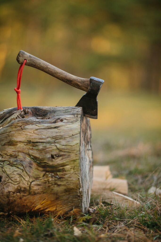 Tourist ax in a wooden log close-up.
